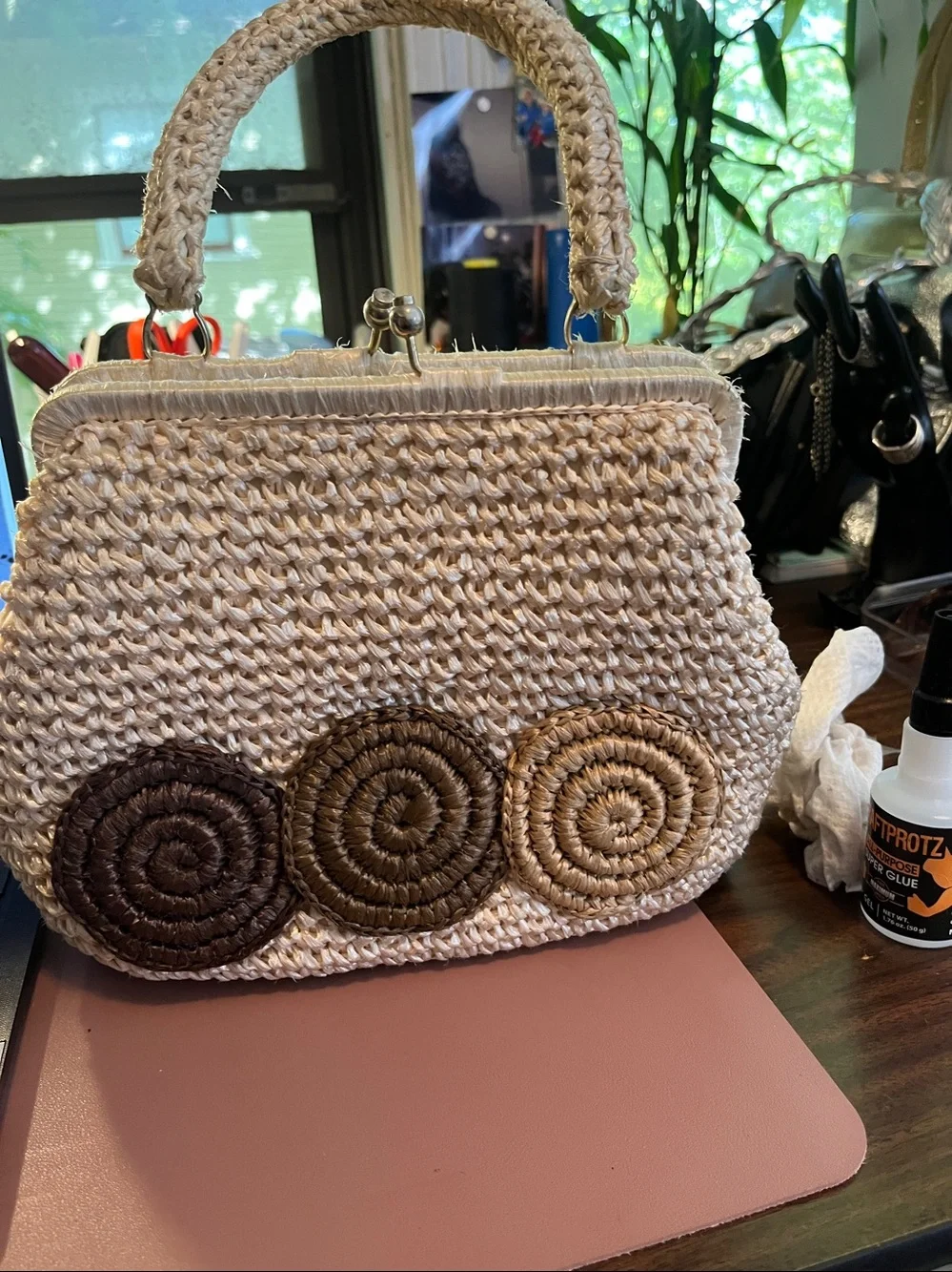 Vintage Roller Rabbit Cream Straw Top-Handle Bag with Brown Accen